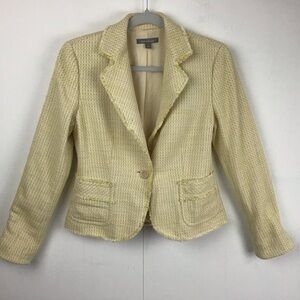 Ann Taylor yellow raw edge basket weave tweed Single Button Blazer Jacket. Sz 4